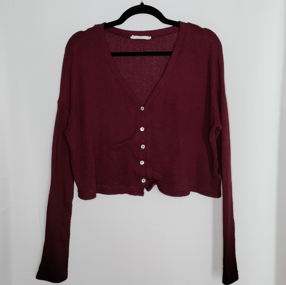 Double Zero Burgundy Button-Up V-Neck Cardigan